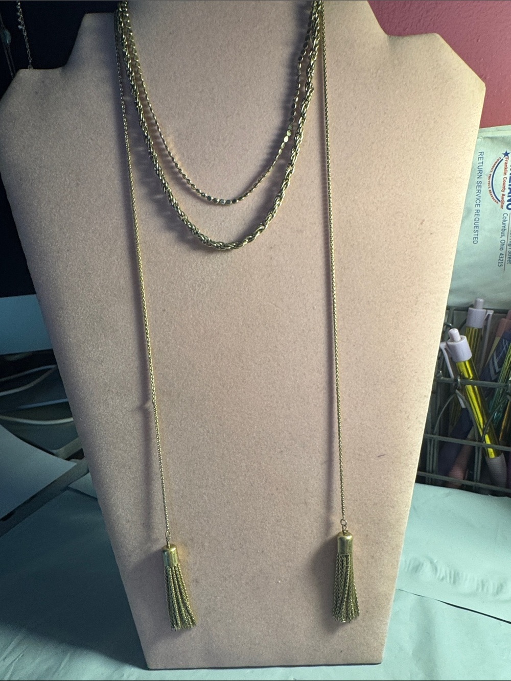 Statement Piece Layered Chocker Gold Tone Long Tassel 12” Necklace